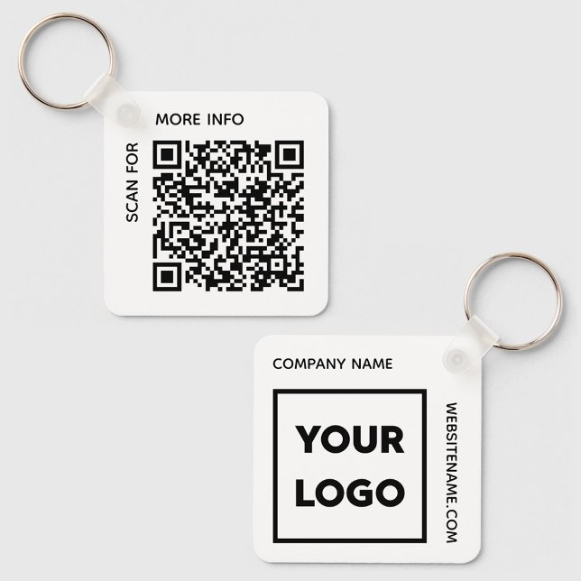 Custom QR Code Logo and Text Corporate Swag White Key Ring (Custom QR Code Logo and Text Corporate Swag White Keychain, front/back)