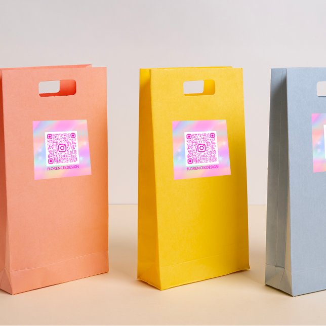 Custom QR Code Logo Pastels Holograph Pink Square Sticker (Holographic Pink QR CODE FLORENCEK)