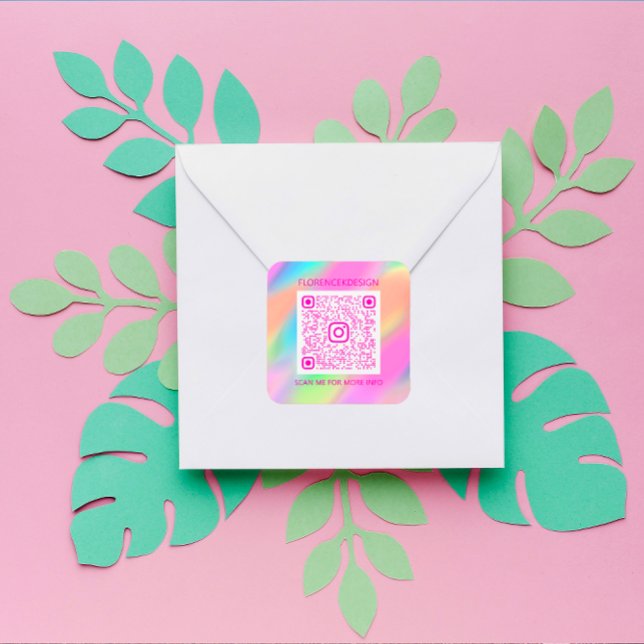 Custom QR Code Logo Shop Holograph Pink  Square Sticker (Custom QR Code Logo Shop Holograph Pink Square Sticker)