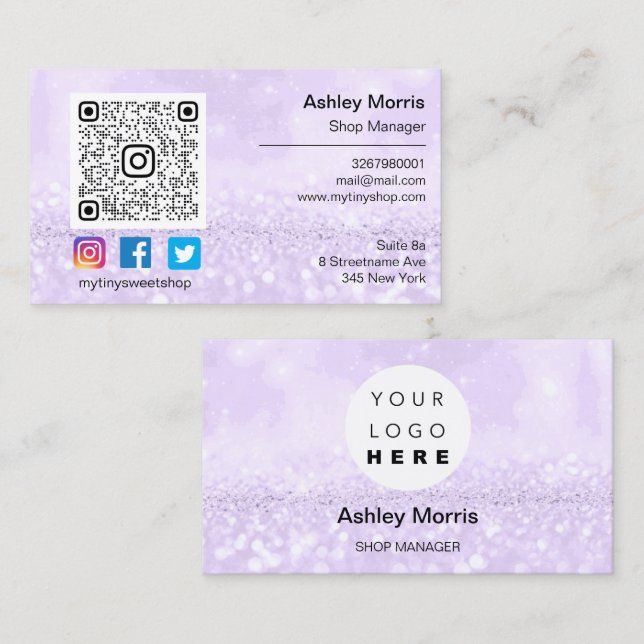 Custom QR Code Logo Social Online Shop Purple Business Card (Front/Back)