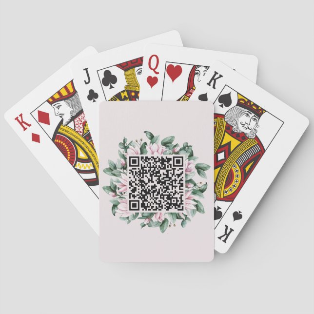 Custom QR Code Magnolia Flower Frame Wedding Playing Cards (Back)