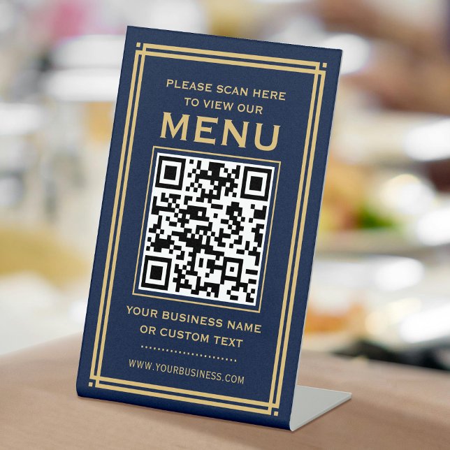 Custom QR Code Menu Contactless Classic Navy Gold Pedestal Sign (Creator Uploaded)