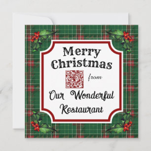 Custom QR Code Restaurant Christmas Green Plaid Holiday Card