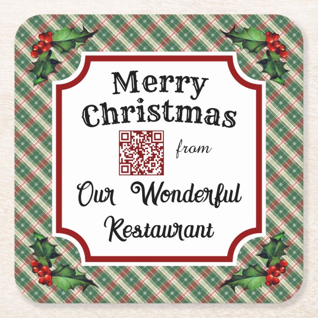 Custom QR Code Restaurant Christmas Plaid Square Paper Coaster (Front)