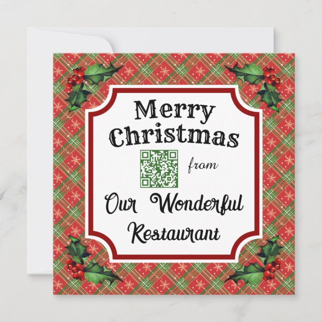 Custom QR Code Restaurant Christmas Red Plaid Holiday Card (Front)