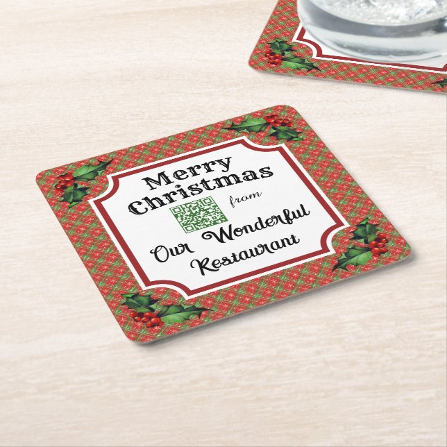 Custom QR Code Restaurant Christmas Red Plaid Square Paper Coaster (Angled)