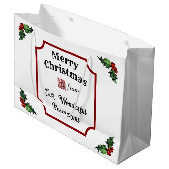Custom QR Code Restaurant Merry Christmas Large Gift Bag (Front Angled)