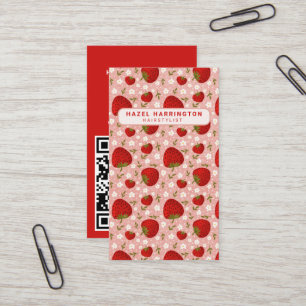 Custom QR Code Scannable Cute Strawberry Vertical Business Card