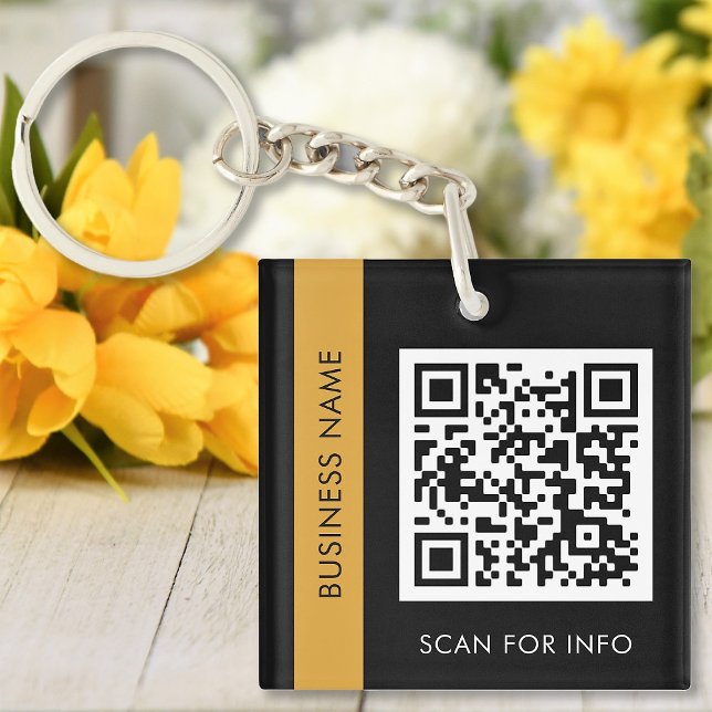 Custom QR Code Text Modern Black Gold Business Key Ring (Creator Uploaded)