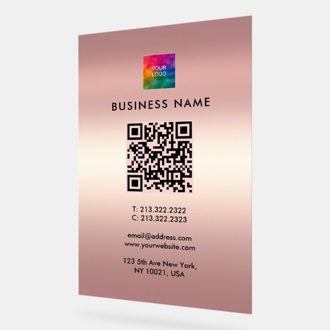 Custom QR Code Upload Your Logo to Rose Gold Acrylic Sign (Angle)