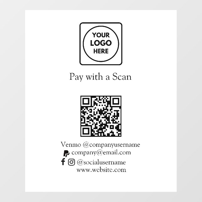 Custom QR Pay | Venmo & PayPal Logo Display Window Cling (Sheet)
