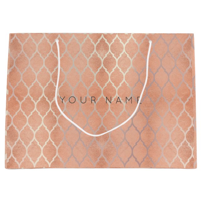 Custom Quatrefoil Coral Metallic Rose Gold Peach Large Gift Bag (Front)