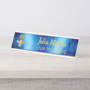 Custom QUEEN BEE Aesthetic Blue Nameplate Holder Desk Name Plate