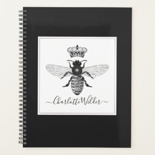 Custom Queen Bee And Crown Script Signature Black Planner