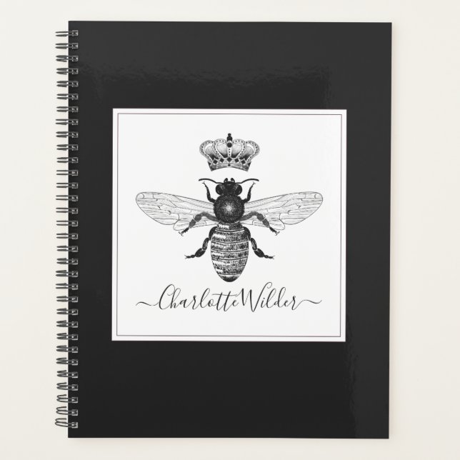 Custom Queen Bee And Crown Script Signature Black Planner (Front)