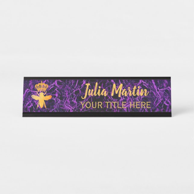 Custom QUEEN BEE Black Purple Nameplate Holder Desk Name Plate (Front)