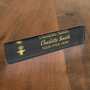 Custom QUEEN BEE Gold Black Nameplate Holder Desk