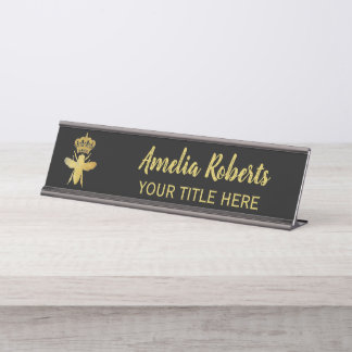 Custom QUEEN BEE Gold Black Nameplate Holder Desk Name Plate