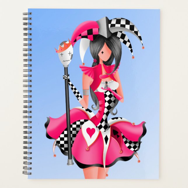 Custom Quirky Jester and Puppet King  Pink Blue Planner (Front)