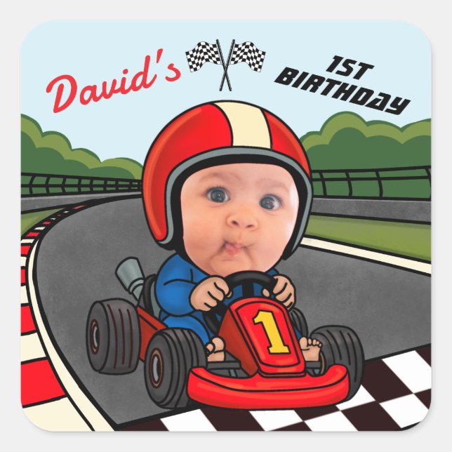 Custom Race Car Driver Kids Face 1st Birthday  Square Sticker (Front)