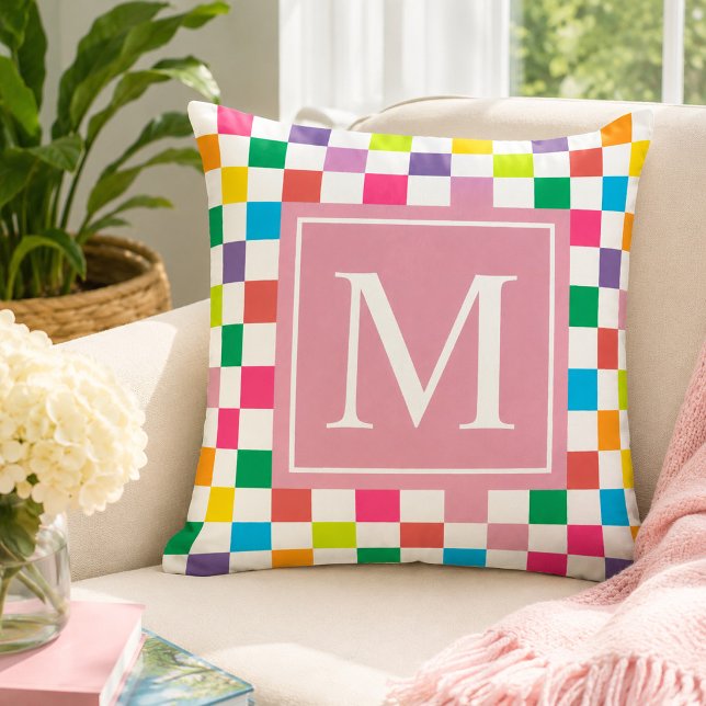Custom Rainbow Chequered Blush Pink Monogram Cushion (Creator Uploaded)