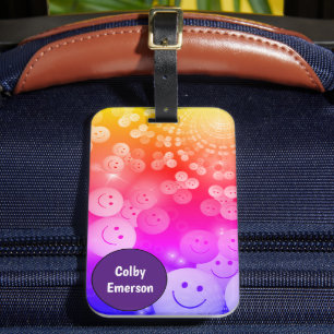 Custom Rainbow Colours Happy Smiles Purple Bubbles Luggage Tag