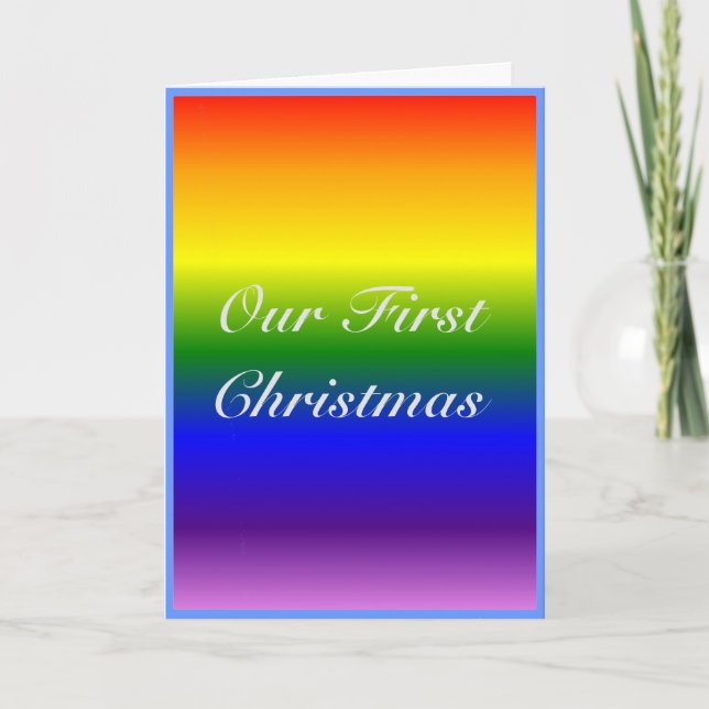Custom Rainbow flag LGBT Family First Christmas Holiday Card (Front)