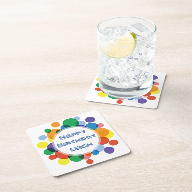 Custom Rainbow Spots  Square Paper Coaster (Insitu)