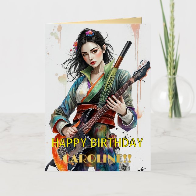 Custom Rainbow Warrior Girl Guitarist Art Inspired Foil Greeting Card (Front)
