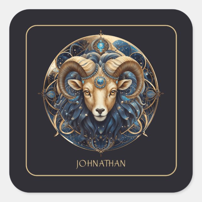 Custom Ram Zodiac Symbol Cosmic Black Gold Aries Square Sticker (Front)