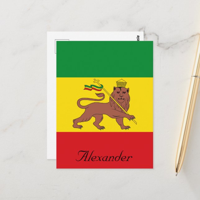 Custom Rastafarian Flag of Ethiopia Lion of Judah Postcard (Front/Back In Situ)
