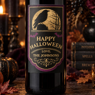 Custom Raven Moon Happy Halloween Wine Label