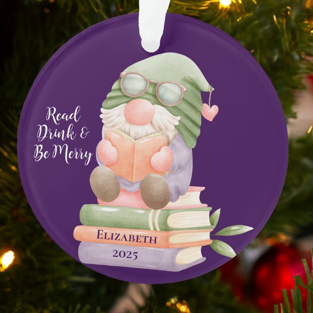 Custom Reading Book Monogrammed  Ornament (Cute gnome reading on stacked books, festive Christmas ornament for book lovers and teachers.)