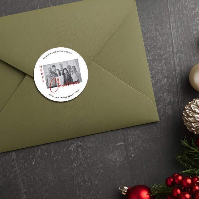 Custom Real Estate Christmas Greeting Chic Photo  Classic Round Sticker (Creator Uploaded)