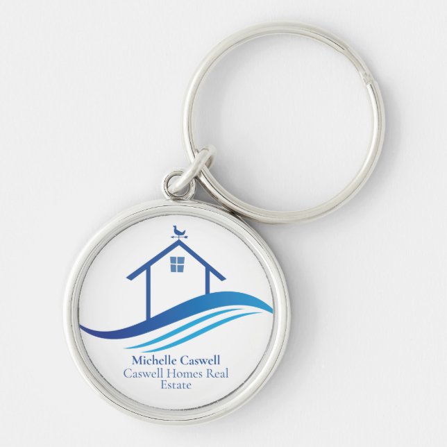 Custom Real Estate Company Blue Home Modern Logo Key Ring (Front)