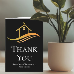 Custom Real Estate Company Chic Black Gold Thank You Card