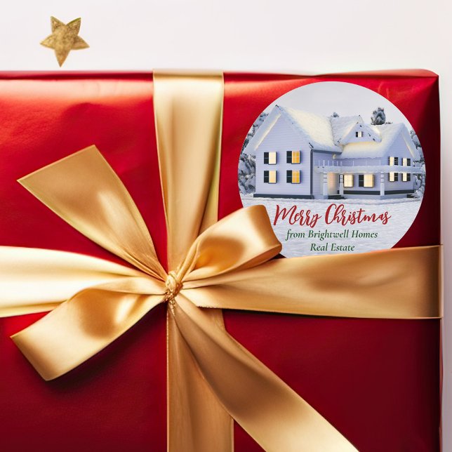 Custom Real Estate Company Christmas Winter House Classic Round Sticker (Creator Uploaded)