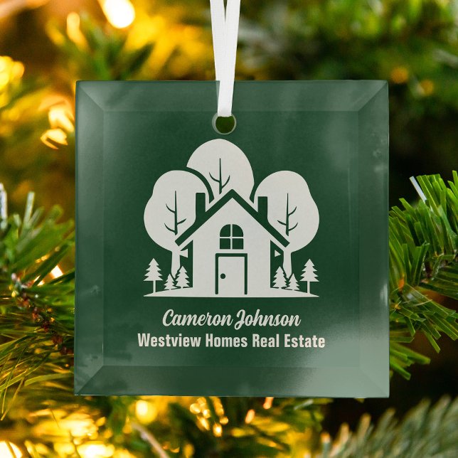 Custom Real Estate Company Green Christmas Glass Tree Decoration (Creator Uploaded)