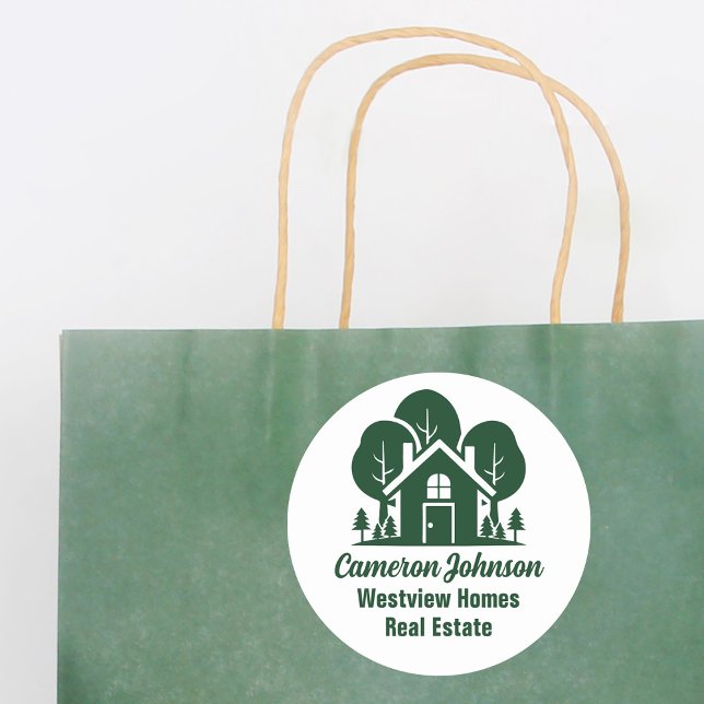 Custom Real Estate Company Green Forest House Classic Round Sticker (Creator Uploaded)