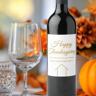 Custom Real Estate Company Happy Thanksgiving Gold Wine Label