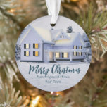 Custom Real Estate Company House Merry Christmas Ornament<br><div class="desc">This beautiful custom real estate Christmas ornament is perfect for a realty company located up north. Gorgeous white snow lines the trees and house on this winter holiday gift. A realtor can keep Merry Christmas in lovely blue script or customise with their own seasons greetings.</div>