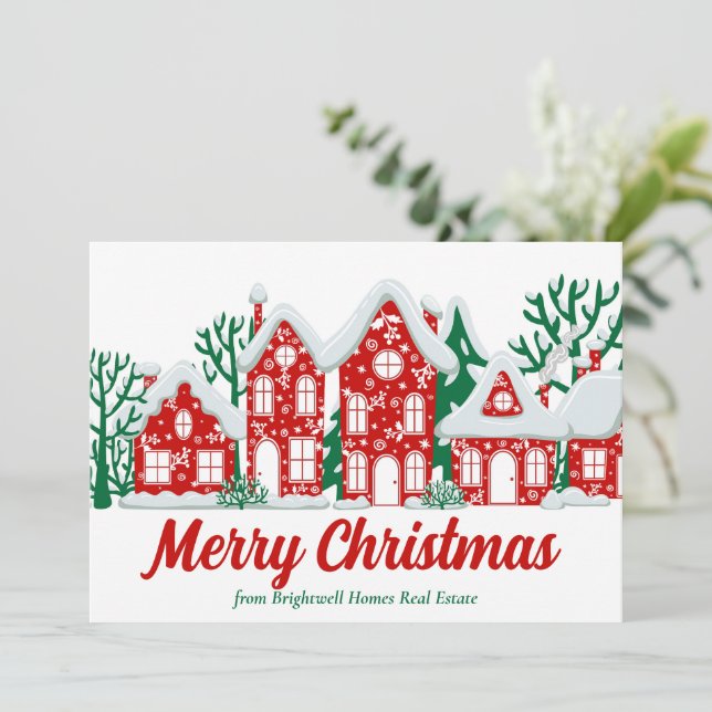 Custom Real Estate Company Merry Christmas Houses Holiday Card (Standing Front)