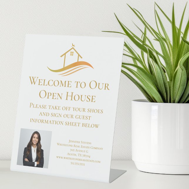 Custom Real Estate Company Open House Gold Pedestal Sign (Creator Uploaded)