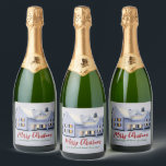 Custom Real Estate Company Winter Christmas Party Sparkling Wine Label<br><div class="desc">This beautiful custom real estate holiday sparkling wine label is perfect for a realty company located up north. Gorgeous white snow lines the trees and house on this winter photograph. A realtor can keep Merry Christmas in red and green script or customise with their own seasons greetings.</div>