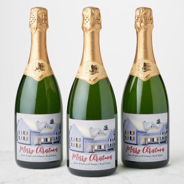 Custom Real Estate Company Winter Christmas Party Sparkling Wine Label (Bottles)