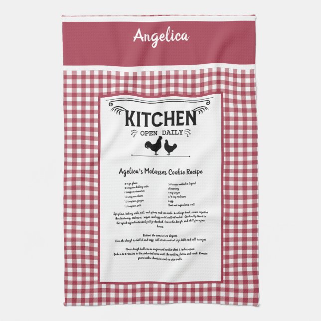 Custom Recipe Red  White Farmhouse Buffalo Plaid Tea Towel (Vertical)