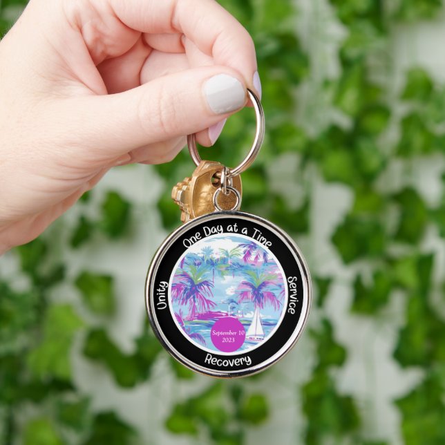 Custom Recovery Milestone Gift - Palm Trees Key Ring (Hand)