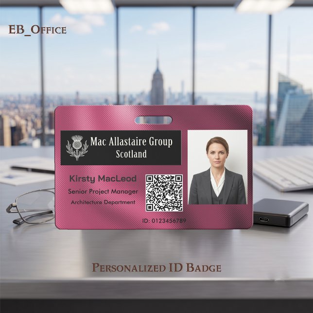 Custom Rectangle Logo Photo ID Metallic Fuchsia Badge (Fuchsia Custom Wide Logo Placeholder Photo ID Badge Template. Size 2.13 x 3.38 Inches)