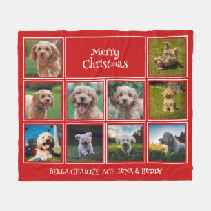 Custom Red 10 Photo Merry Christmas Pets Fleece Blanket