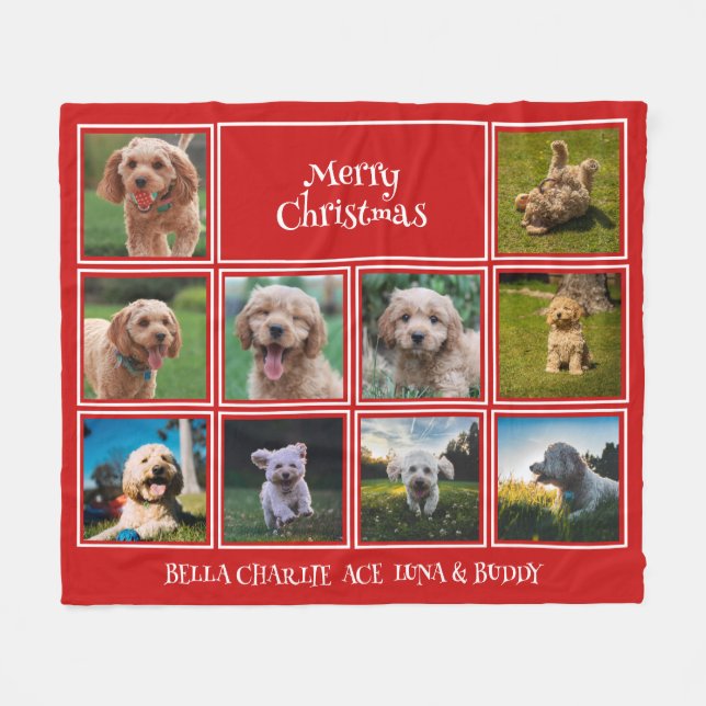 Custom Red 10 Photo Merry Christmas Pets Fleece Blanket (Front (Horizontal))